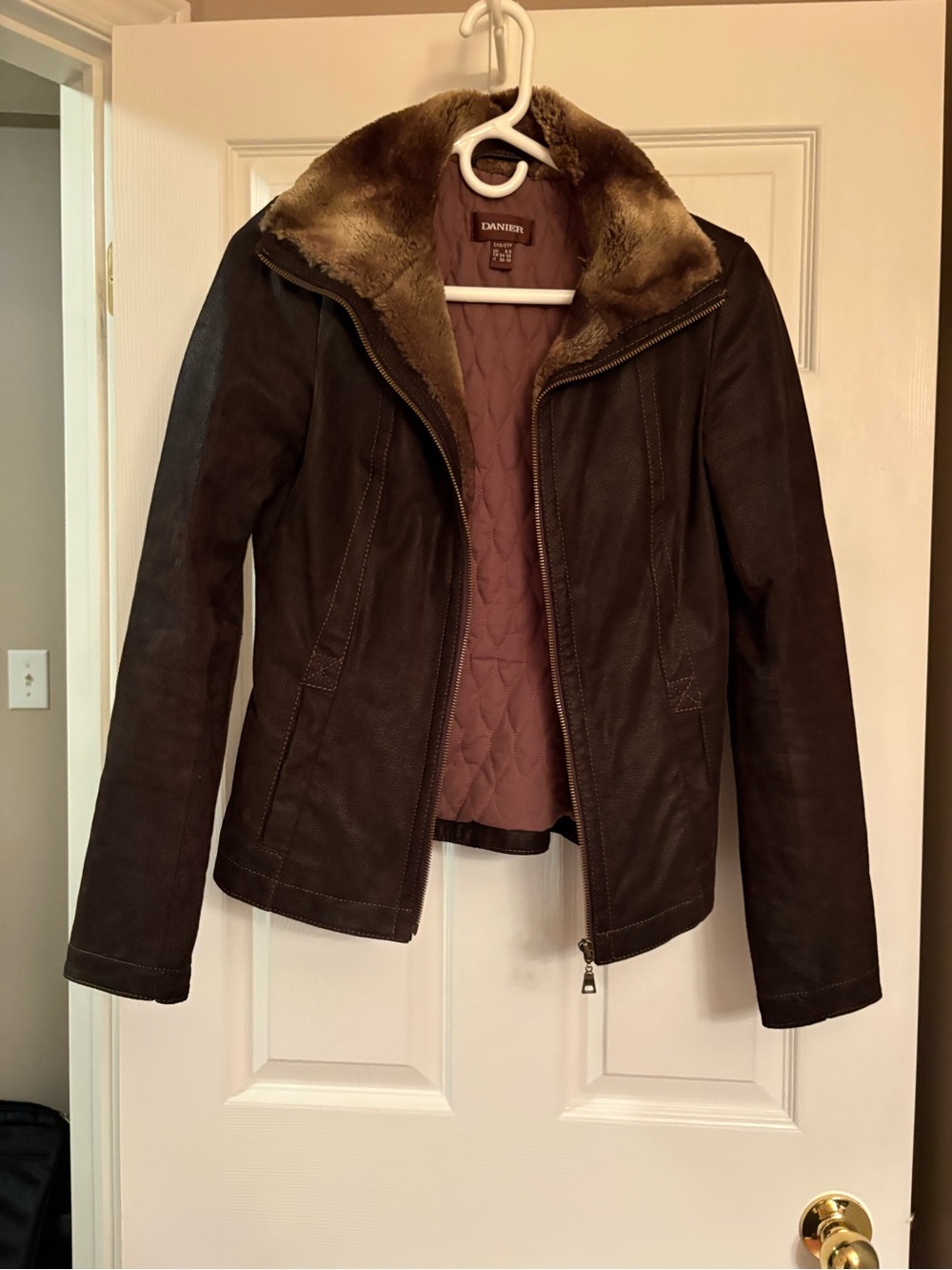 Danier Dark Brown Leather Jacket with Faux Fur Collar